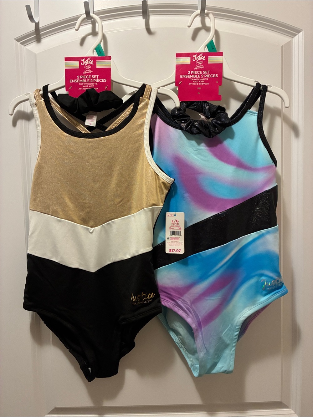 Justice Girls 2 bodysuit Dance onesie Sets L 12-14 gymnastics scrunchie